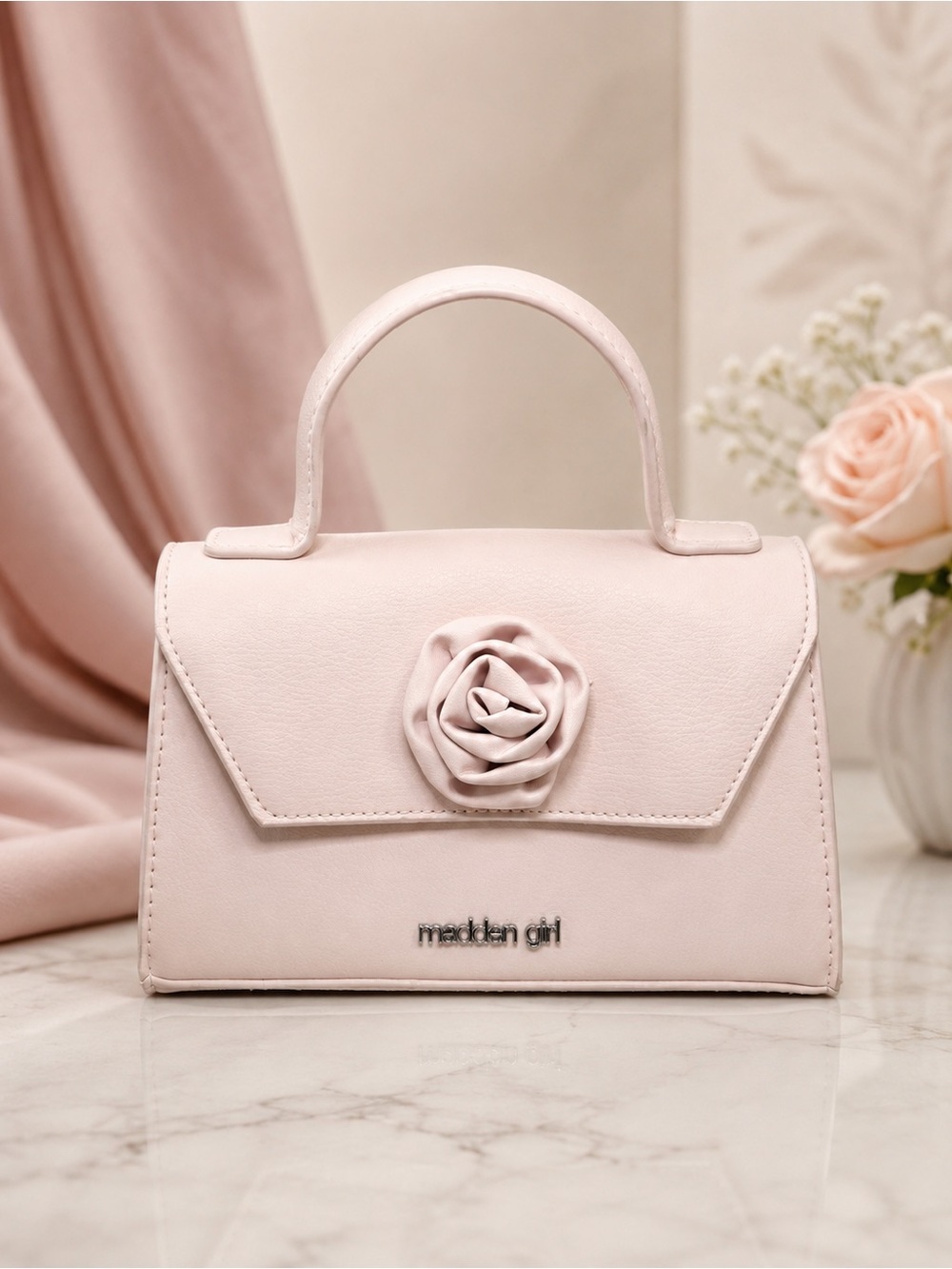 Madden Girl Blush Pink Top-Handle Rose Accent Bag